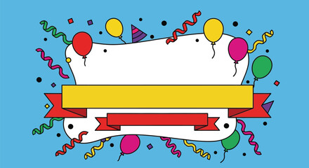 Celebrate with colorful balloons, ribbons, and banners on blue background