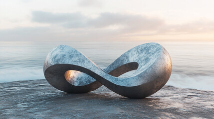 Infinity symbol morphing into a Möbius-inspired landscape, blending endless loops, surreal geometry, continuity, and abstract, dreamlike spatial dimensions.
