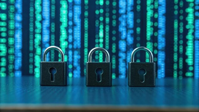 Three padlocks are placed in front of a digital backdrop featuring cascading binary code in blue and green hues, symbolizing cybersecurity and data protection. - Powered by Adobe
