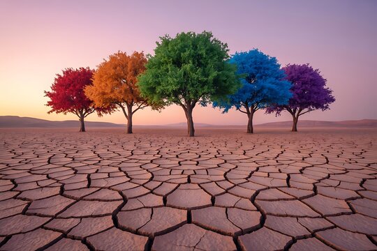 Surreal landscape of cracked dry earth with a row of five vibrantly colored trees in a desert setting Keywords: surreal, fantasy, desert, dry earth, cracked earth, drought, trees, colorful