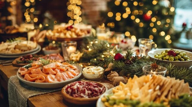 Festive table presenting a variety of dishes for a christmas celebration with warm lights