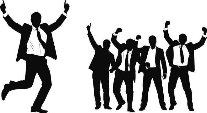 Business team celebrating success with energetic poses, corporate achievement, teamwork motivation, professional victory, career growth, and workplace enthusiasm illustration.