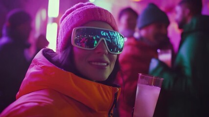 Woman in ski gear at a vibrant, neon-lit gathering