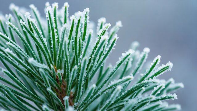 Close-up of vibrant green pine needles covered in sparkling white frost, capturing the serene beauty of a winter morning