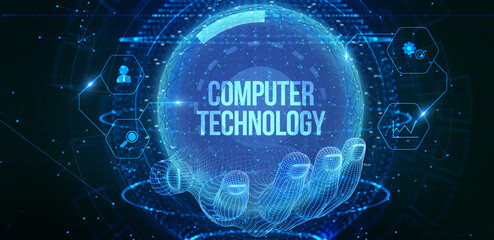 IT consultant presenting tag cloud about information technology. 3d illustration