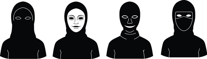 Set of stylized head coverings worn by diverse individuals, showcasing cultural, religious, and practical face veil styles in black and white