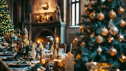 Christmas banquet table displaying elegant place settings, candles, and festive decorations