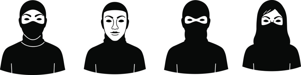 Stylized ninja character portraits in black and white, showcasing unique mask designs, mysterious expressions, and bold graphic illustration for creative use.