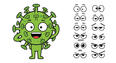 Funny virus cartoon character with expressive eyes emotion options