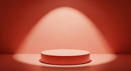 Empty red cylinder podium stage illuminated by a soft spotlight in a dim room