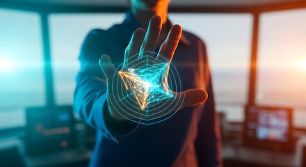 Close-up of a hand interacting with a glowing futuristic digital network projection, symbolizing advanced technology, data connectivity, and innovation in a high-tech control environment