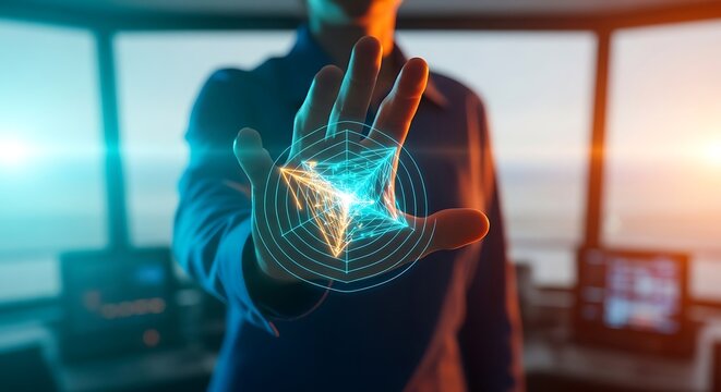 Close-up of a hand interacting with a glowing futuristic digital network projection, symbolizing advanced technology, data connectivity, and innovation in a high-tech control environment - Powered by Adobe