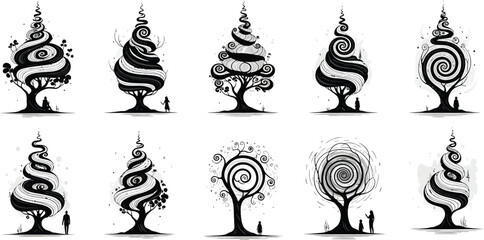 Abstract Linear Sketches of Surreal Forests with Spiral Trees and Flowing Shapes on White Background Illustration