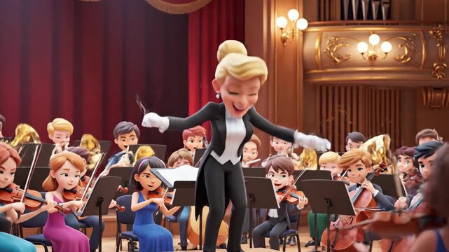 Animated orchestra conductor directing musicians on stage