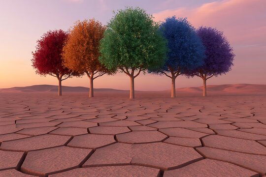 Five Colorful Trees in a Row Standing in a Cracked Desert Landscape Under a Sunset Sky Keywords: desert, cracked earth, dry, arid, landscape, trees, colorful, rainbow, red, orange, green, blue