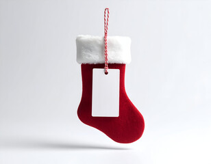 A small red Christmas stocking with a fluffy white cuff and a blank gift tag hangs isolated on a clean white background