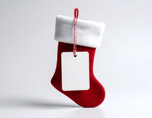 Festive red Christmas stocking with a blank gift tag, ready for holiday surprises and festive cheer