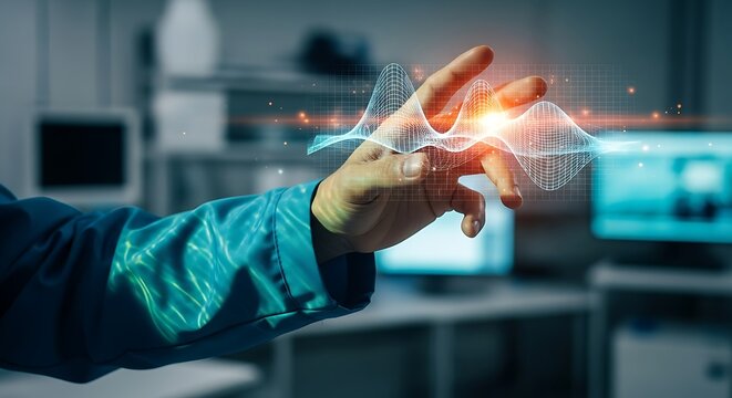 Hand interacting with a glowing digital waveform, representing data visualization and scientific research