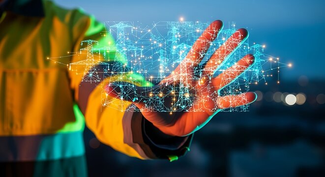 Professional in safety attire engaging with a luminous digital data network, showcasing concepts of advanced technology, industrial innovation, and secure data management in a connected world