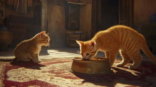 Two ginger kittens looking at a food bowl on a patterned rug in a sunlit room