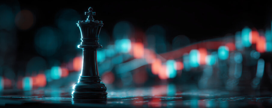 Chess strategy king finance risk market analysis leadership chess piece stands on board with blurred trading chart lights, calm tension