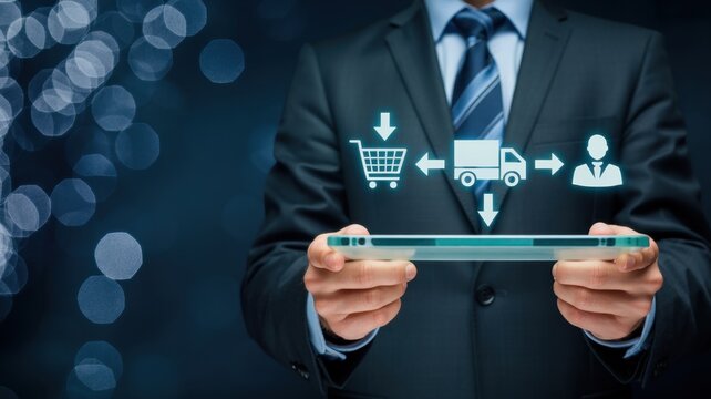 Supply Chain Digital Transformation: A person in a formal suit manipulates a digital interface showcasing the intricate stages of supply chain.