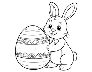 Line art of bunny with a bow tie embracing a decorated Easter egg