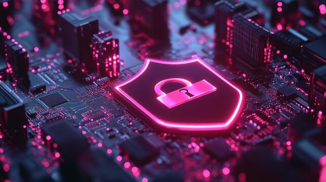 Cybersecurity represented by a 3D shield and lock icons for privacy and protection. Digital technology ensuring safety through encryption, antivirus, and firewall systems against cyber, Generative AI