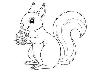 Line drawing of a squirrel holding a nut, in black and white