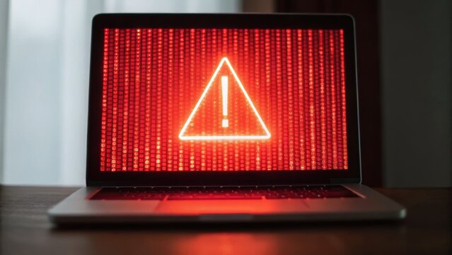 Laptop displaying a warning symbol with red binary code in the background, indicating a potential security issue or error.
