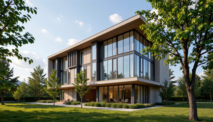 Fototapeta premium Modern house glass facade contemporary architecture minimalist design large windows green lawn sunny day luxury home wood panel tree shade Modern