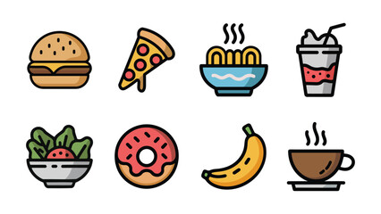 food Vector Illustration set of  icons including a burger, pizza, noodles, drink, salad, donut, banana, and coffee