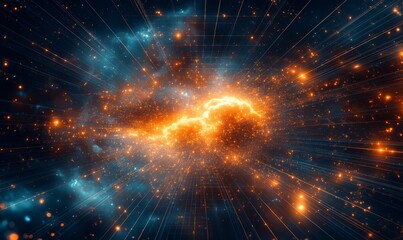 Abstract cloud in cyberspace with a grid structure representing connectivity. The digital matrix symbolizes global internet communication and data sharing, integral to the digital, Generative AI