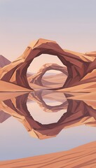 Low-poly illustration of desert arches reflected in calm water under a soft, muted sky. The scene is bathed in warm light