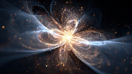 Dynamic light particles colliding in an energetic display, symbolizing motion, power, energy, creation, and the invisible forces shaping the universe in abstract form.
