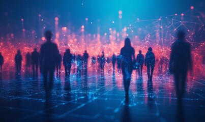 Virtual people silhouettes representing online connectivity and business networks. The scene highlights digital communication, global networking, and the power of internet platforms, Generative AI