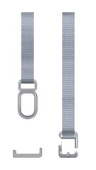 Metallic, gray strap components arranged on a stark white background