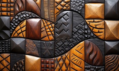 African art, carving geometric patterns, and wood textures used for home decor. Traditional, abstract designs representing culture, craftsmanship, and dynamic shapes in ethnic, Generative AI