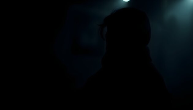 Silhouette of a person standing in a dark space, illuminated by faint, moody lighting, creating an atmosphere of mystery and anonymity. - Powered by Adobe