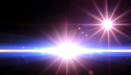 Two bright, stylized light flares shine against a dark background, creating a horizon effect with blue and pink hues.