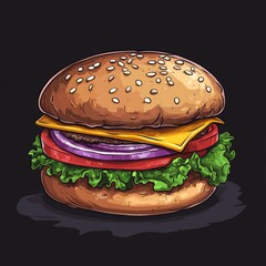 cartoon illustration of a hamburger for creative branding, fast food emblems, and design. The playful and artistic rendering of a burger symbolizes creativity in the food industry, Generative AI