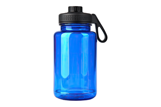 Blue plastic water bottle with handle