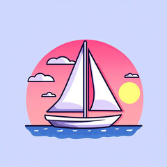 Fototapeta premium Sailboat sailing on calm sea with sunset, pink sky, clouds, and sun, peaceful mood