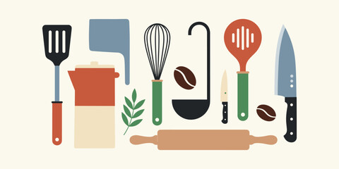 A charming array of modern kitchen utensils and essential cooking tools, presented in a minimalist flat design illustration for culinary and baking concepts
