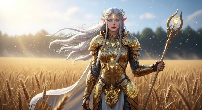 Enchantress of Golden Fields A mystical warrior in a ripe wheat landscape conjures magic