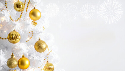 Modern New Year layout featuring a snowy white Christmas tree with gold baubles