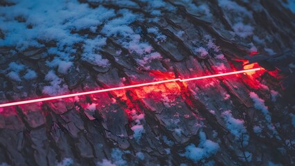 A glowing red line traverses a rugged tree trunk covered in patches of snow, creating a modern winter nature abstract