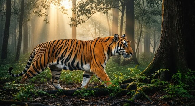 Striking tiger prowls through a luminous forest creating an atmosphere of wild grace and mystery - Powered by Adobe