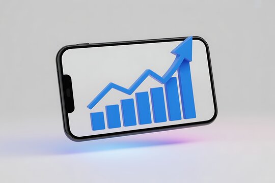 Smartphone displaying a blue bar graph with an upward trending arrow on a white screen Keywords: smartphone, mobile phone, graph, chart, bar chart, line graph, upward trend, growth, finance