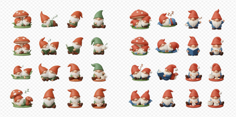 Set of adorable cartoon gnomes and red mushrooms in different playful poses and arrangements, perfect for whimsical designs.